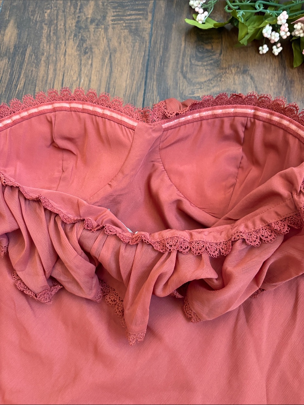 Off-Shoulder Rust Ruffle Mini Dress - Picture 10 of 11